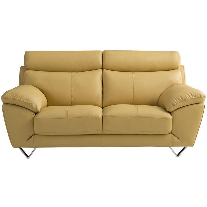 Leatherette Upholstered Wooden Loveseat with Plush Bustle Back and Steel Feet, Yellow