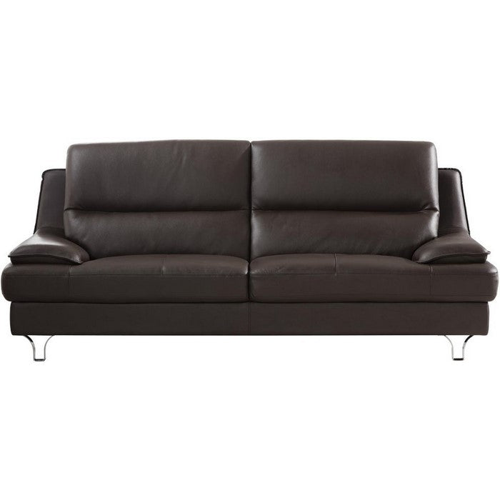 Leather Upholstered Sofa with Spilt Back, Pillow Top Armrest and Steel Feet, Dark Brown