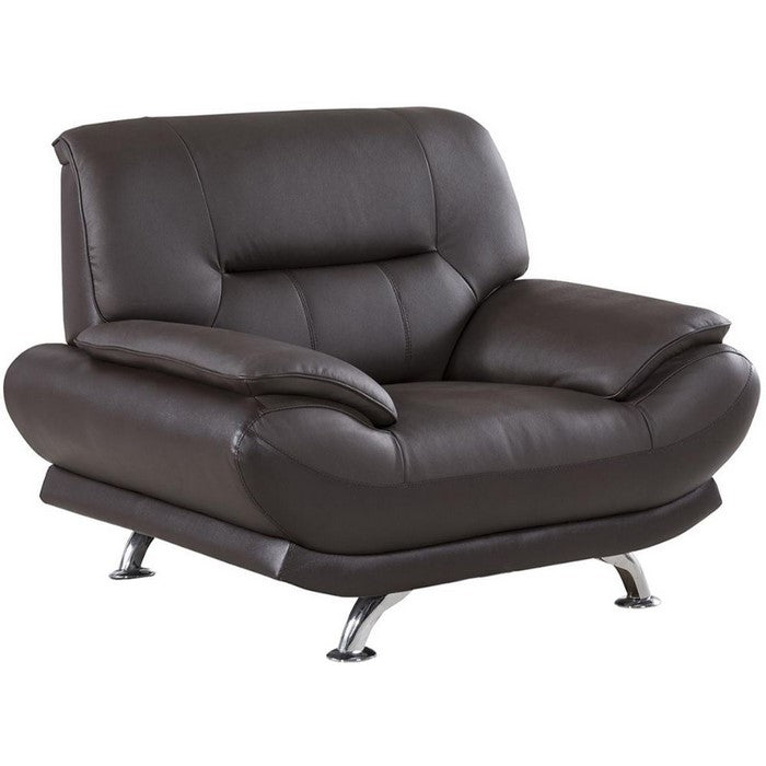 Leather Upholstered Wooden Chair with Bustle Cushion Back and  Pillow Top Armrest, Dark Brown