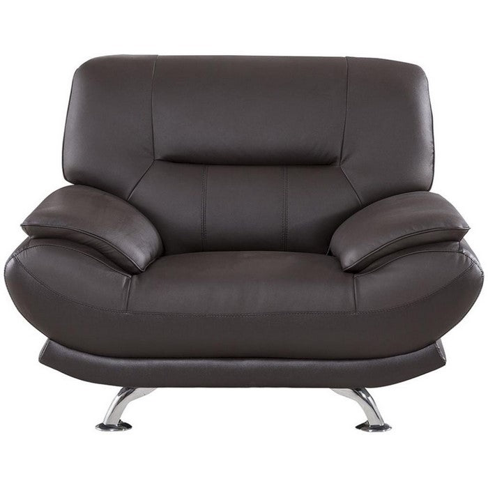 Leather Upholstered Wooden Chair with Bustle Cushion Back and  Pillow Top Armrest, Dark Brown