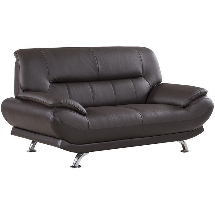 Leather Upholstered Wooden Loveseat with Bustle Cushion Back and  Pillow Top Armrest, Dark Brown