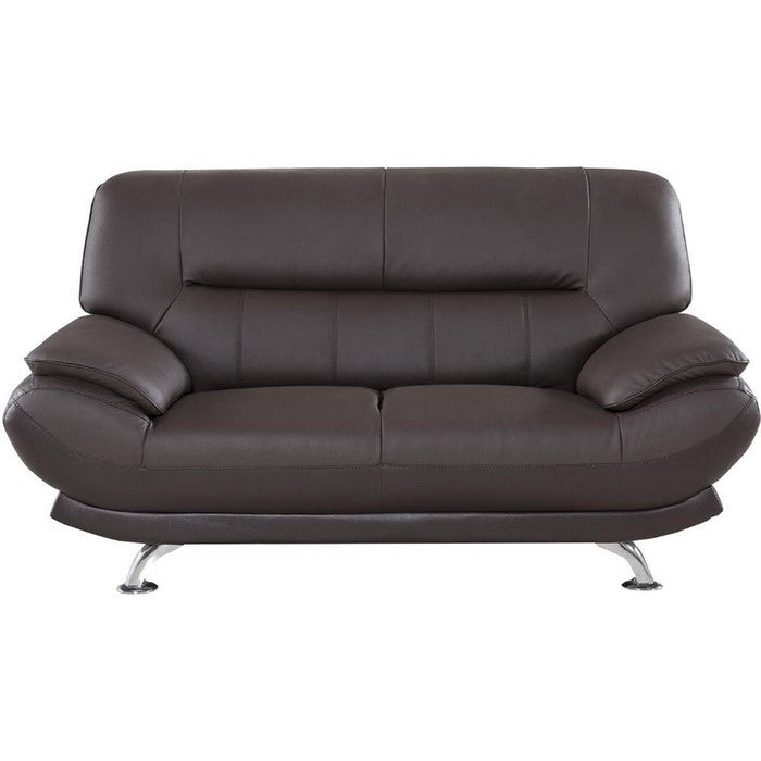 Leather Upholstered Wooden Loveseat with Bustle Cushion Back and  Pillow Top Armrest, Dark Brown