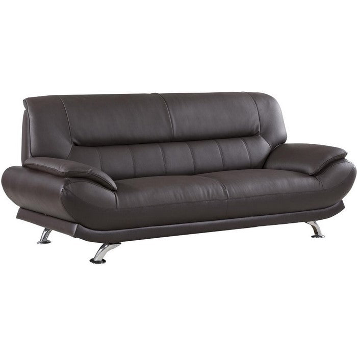 Leather Upholstered Wooden Sofa with Bustle Cushion Back and  Pillow Top Armrest, Dark Brown