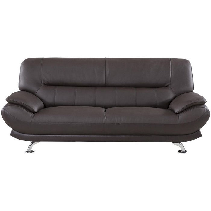Leather Upholstered Wooden Sofa with Bustle Cushion Back and  Pillow Top Armrest, Dark Brown