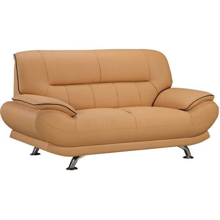 Leather Upholstered Wooden Loveseat with Bustle Cushion Back and  Pillow Top Armrest, Yellow