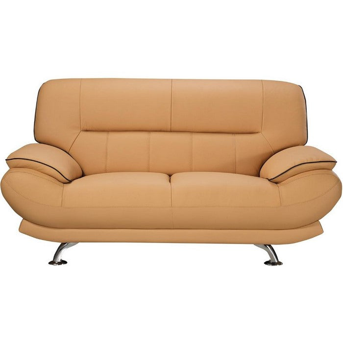 Leather Upholstered Wooden Loveseat with Bustle Cushion Back and  Pillow Top Armrest, Yellow