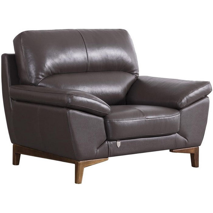 Leatherette Upholstered Chair with Pillow Top Armrests and Wooden Legs, Brown