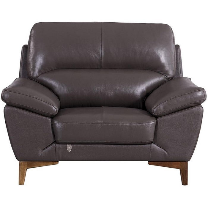 Leatherette Upholstered Chair with Pillow Top Armrests and Wooden Legs, Brown