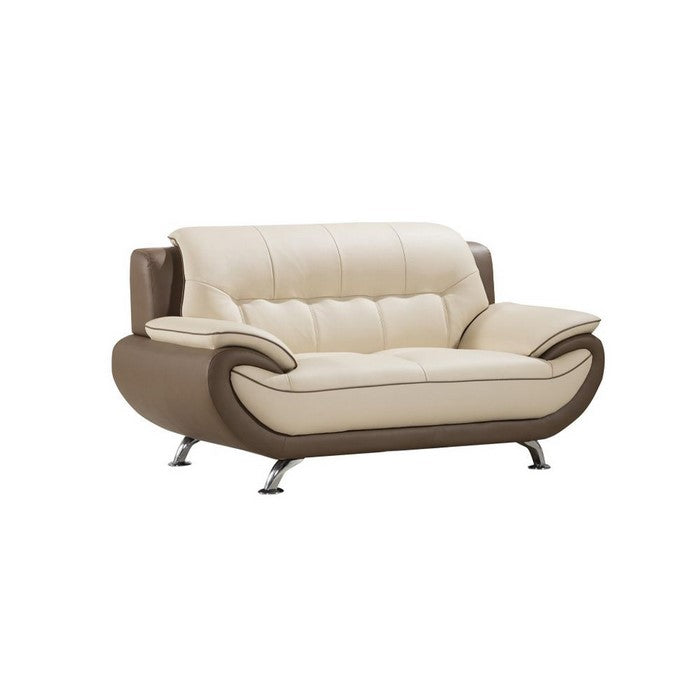 Two Toned Leather Upholstered Wooden Loveseat with Pillow Top Armrests, Cream and Brown