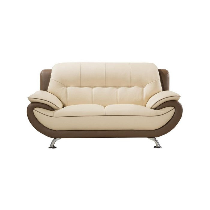 Two Toned Leather Upholstered Wooden Loveseat with Pillow Top Armrests, Cream and Brown