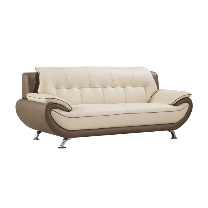 Two Toned Leather Upholstered Wooden Sofa with Pillow Top Armrests, Cream and Brown
