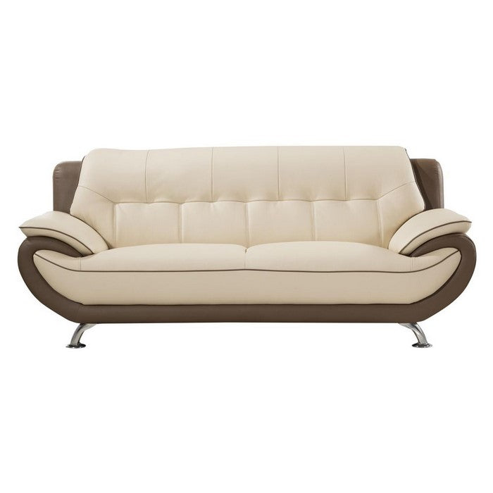 Two Toned Leather Upholstered Wooden Sofa with Pillow Top Armrests, Cream and Brown