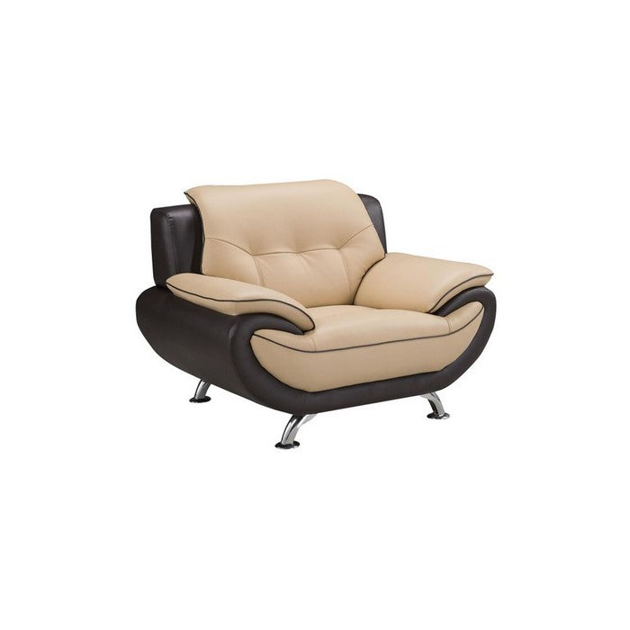 Two Toned Leather Upholstered Wooden Chair with Pillow Top Armrests and Steel Legs, Yellow and Brown