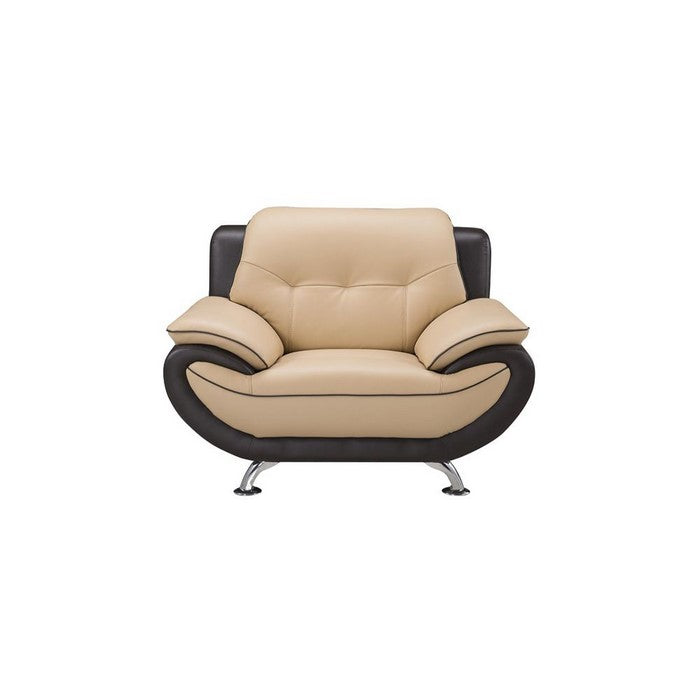 Two Toned Leather Upholstered Wooden Chair with Pillow Top Armrests and Steel Legs, Yellow and Brown
