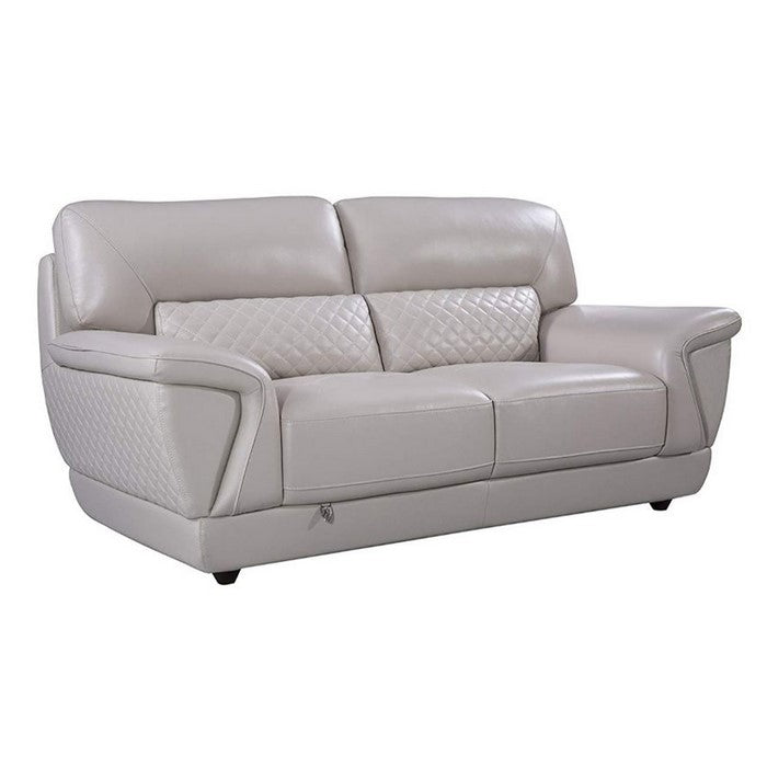Leather Upholstered Wooden Loveseat with Attached Lumbar Cushion, Gray