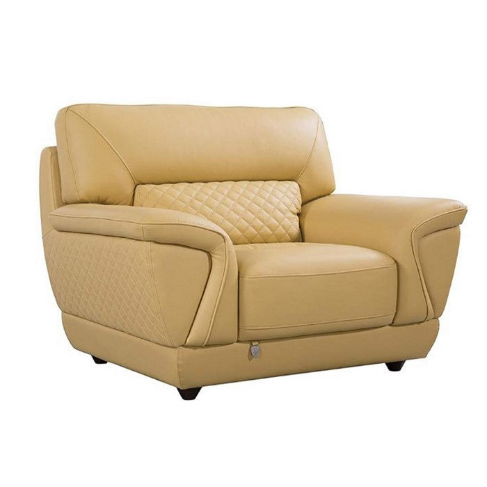 Leather Upholstered Wooden Sofa Chair with Attached Lumbar Cushion, Yellow