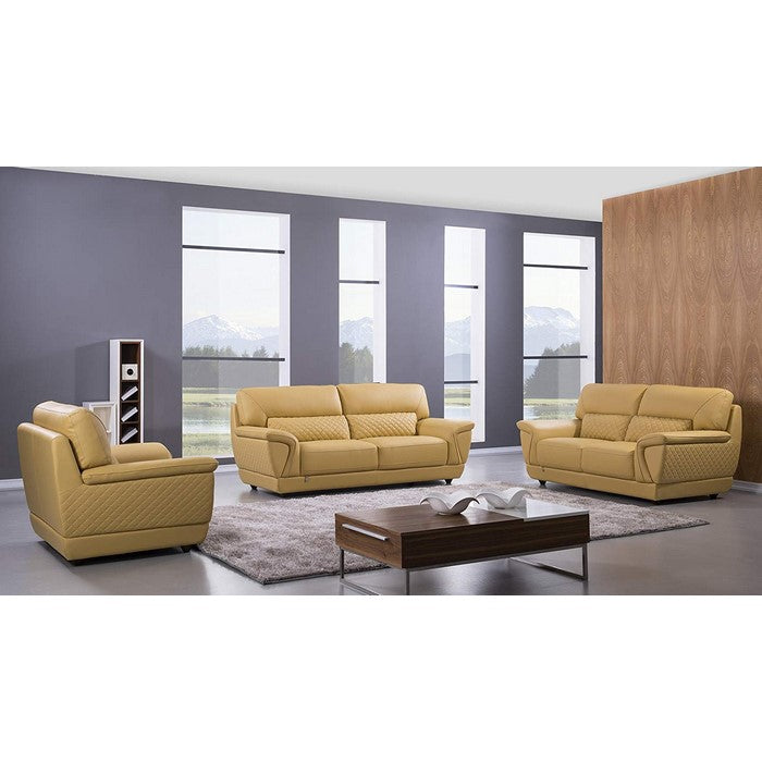 Leather Upholstered Wooden Loveseat with Attached Lumbar Cushion, Yellow