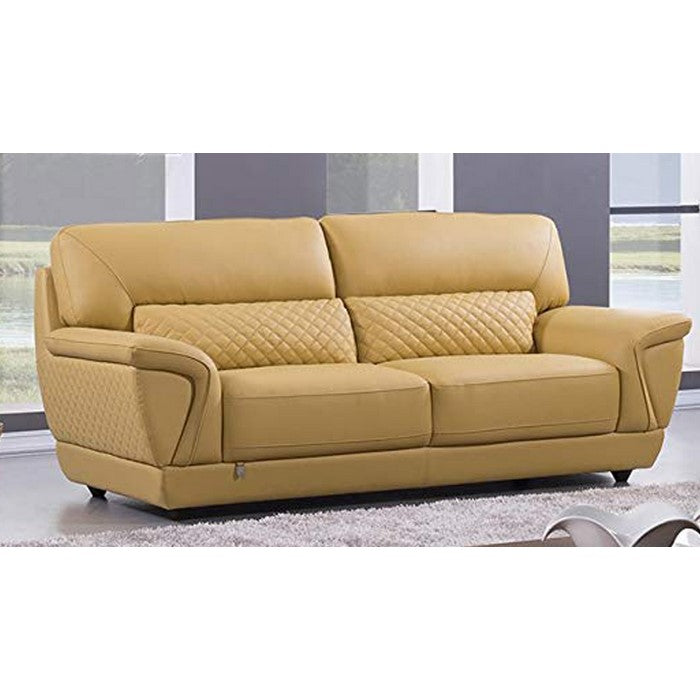 Leather Upholstered Wooden Loveseat with Attached Lumbar Cushion, Yellow