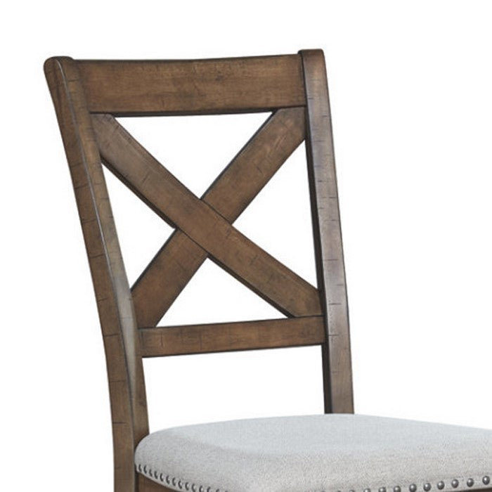Wooden Dining Side Chair with Polyester Seat and X Back Support, Set of Two, Brown and Beige