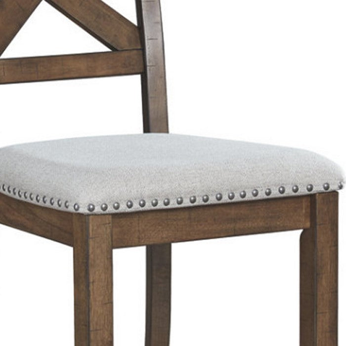 Wooden Dining Side Chair with Polyester Seat and X Back Support, Set of Two, Brown and Beige