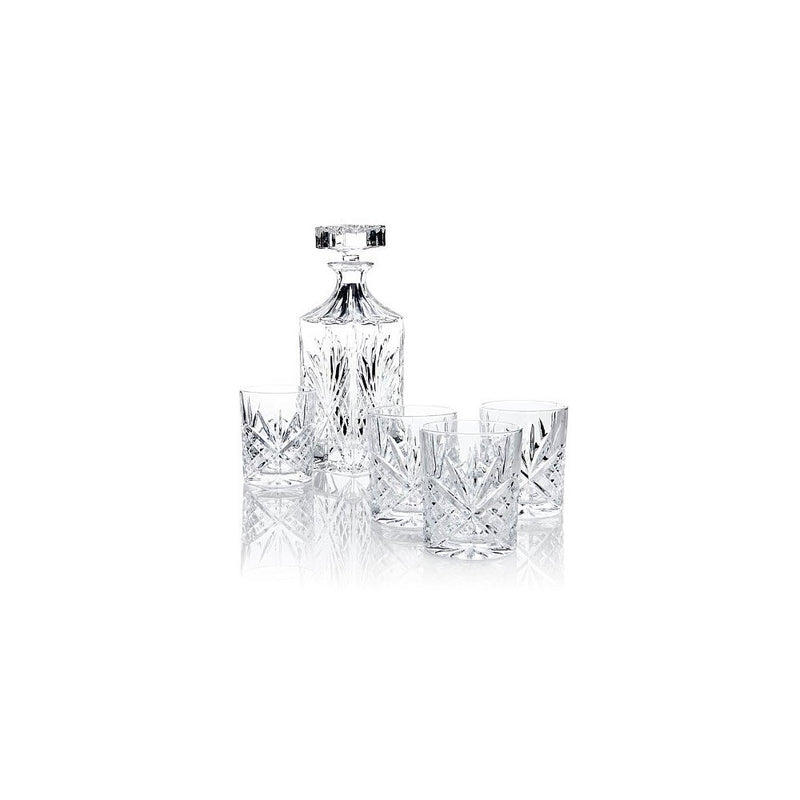 James Scott 5 PC crystal Bar Set, for Whiskey, Wine, and Liquor. This Irish Cut whiskey Set, includes a Decanter 750ml (with Full Glass Ground Stopper), and 4 x 8 oz. crystal DOF Glasses.