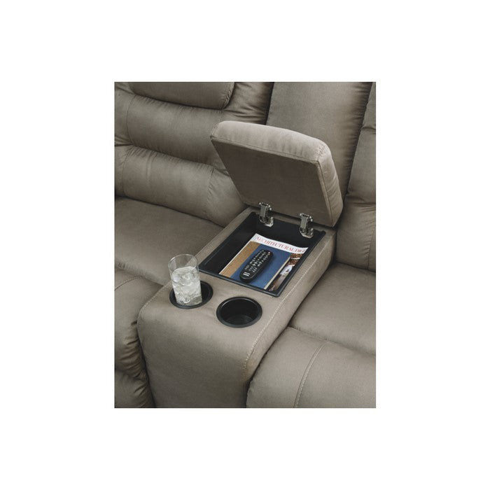 Polyester Upholstered Metal Reclining Loveseat with Lift Top Console Storage, Gray