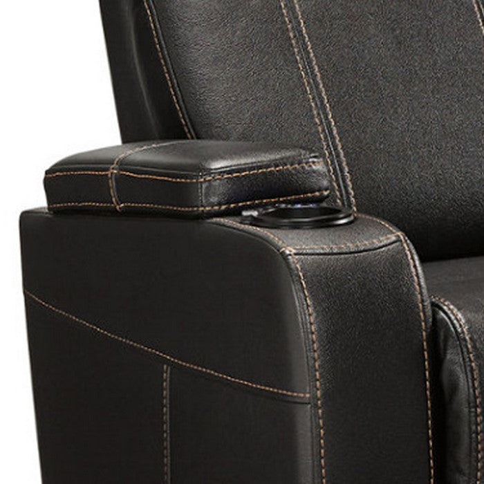 Leatherette Upholstered Metal Power Recliner with LED Lights and Cup Holders, Black
