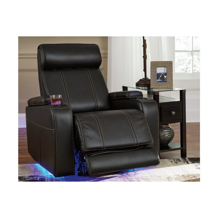 Leatherette Upholstered Metal Power Recliner with LED Lights and Cup Holders, Black