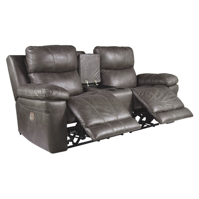 Leatherette Upholstered Metal Double Reclining Power Loveseat with Console, Gray