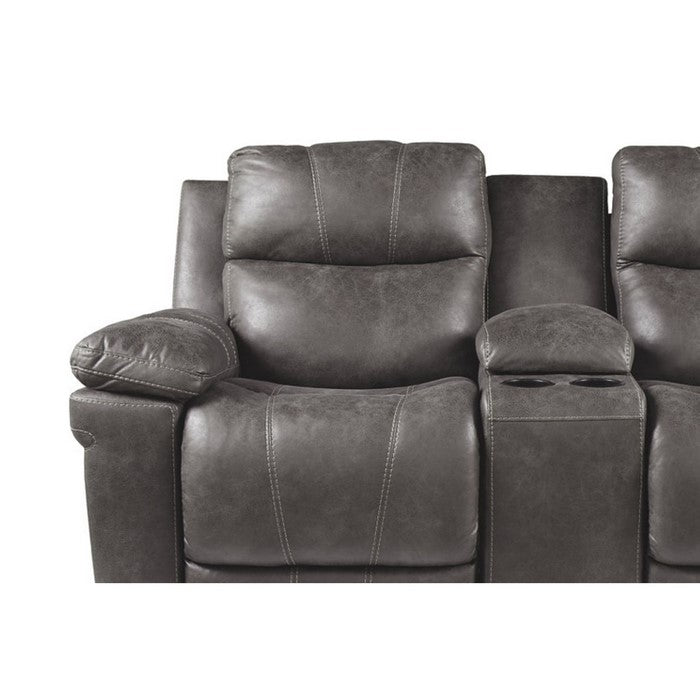 Leatherette Upholstered Metal Double Reclining Power Loveseat with Console, Gray