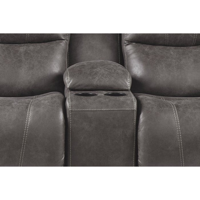 Leatherette Upholstered Metal Double Reclining Power Loveseat with Console, Gray