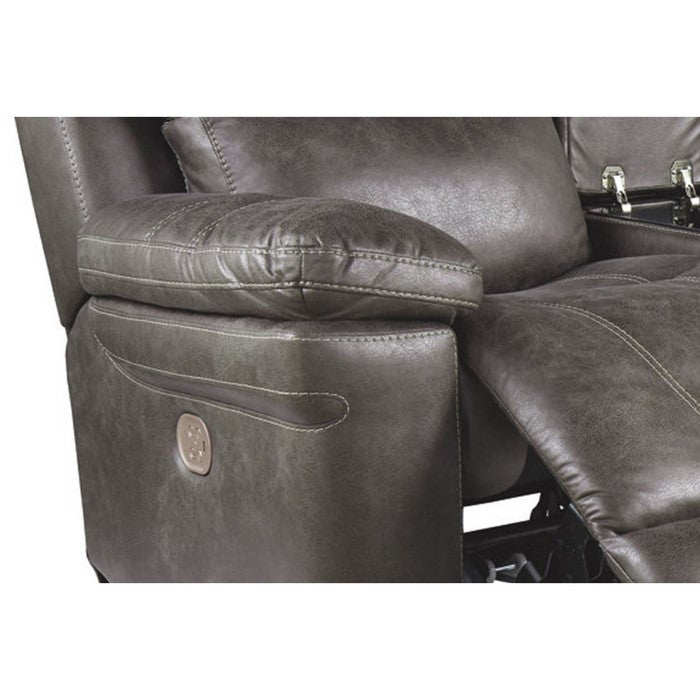 Leatherette Upholstered Metal Double Reclining Power Loveseat with Console, Gray