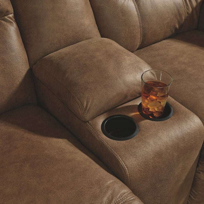 Polyester Upholstered Metal Double Reclining Loveseat with Console and Cup Holders, Brown