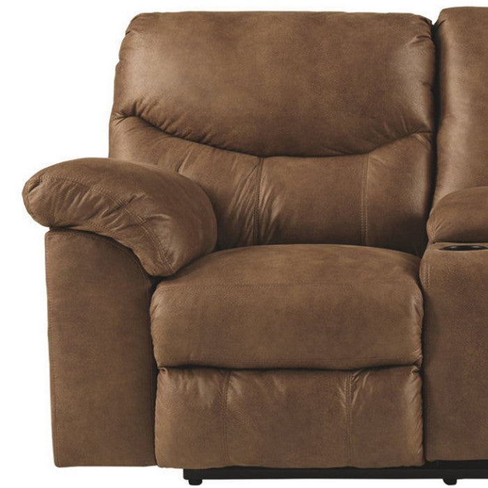 Polyester Upholstered Metal Double Reclining Loveseat with Console and Cup Holders, Brown
