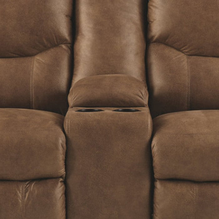 Polyester Upholstered Metal Double Reclining Loveseat with Console and Cup Holders, Brown