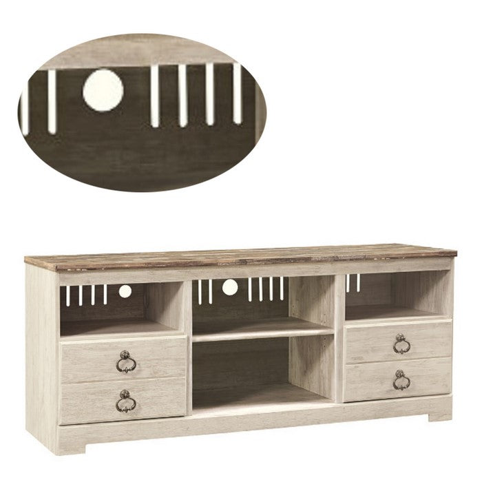 2 Drawers Wooden TV Stand with 4 Open Compartments, White and Brown