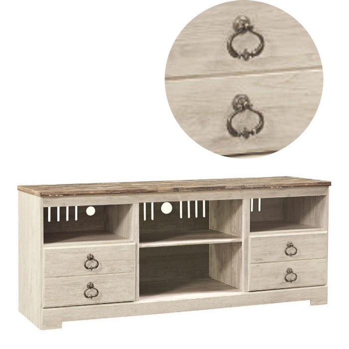 2 Drawers Wooden TV Stand with 4 Open Compartments, White and Brown