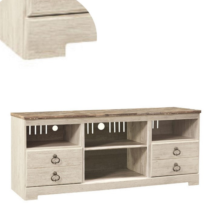 2 Drawers Wooden TV Stand with 4 Open Compartments, White and Brown
