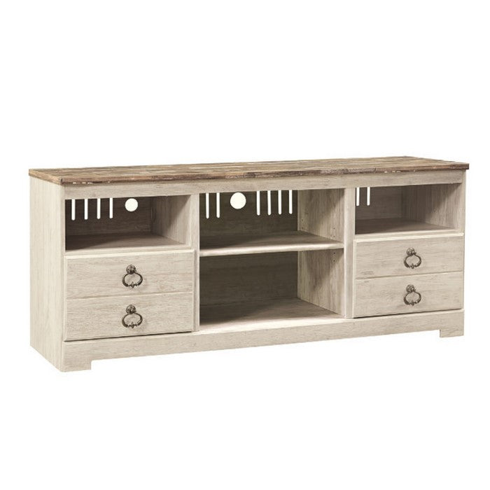 2 Drawers Wooden TV Stand with 4 Open Compartments, White and Brown