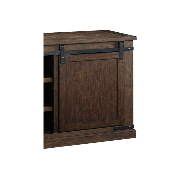 Spacious Wooden TV Stand with Sliding Barn Door Storage, Medium, Rustic Brown