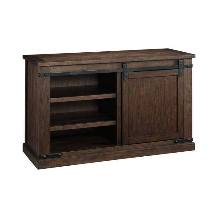 Spacious Wooden TV Stand with Sliding Barn Door Storage, Medium, Rustic Brown