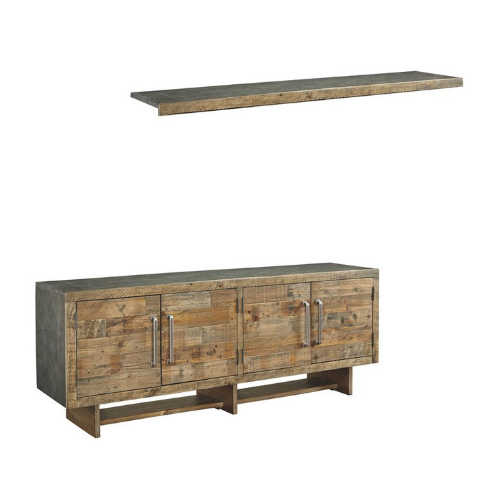 Roomy Wooden TV Stand with Faux Metal Top and Sides, Extra Large, Brown and Silver