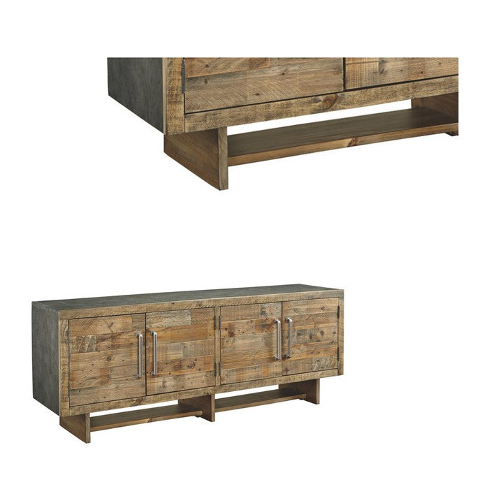 Roomy Wooden TV Stand with Faux Metal Top and Sides, Extra Large, Brown and Silver