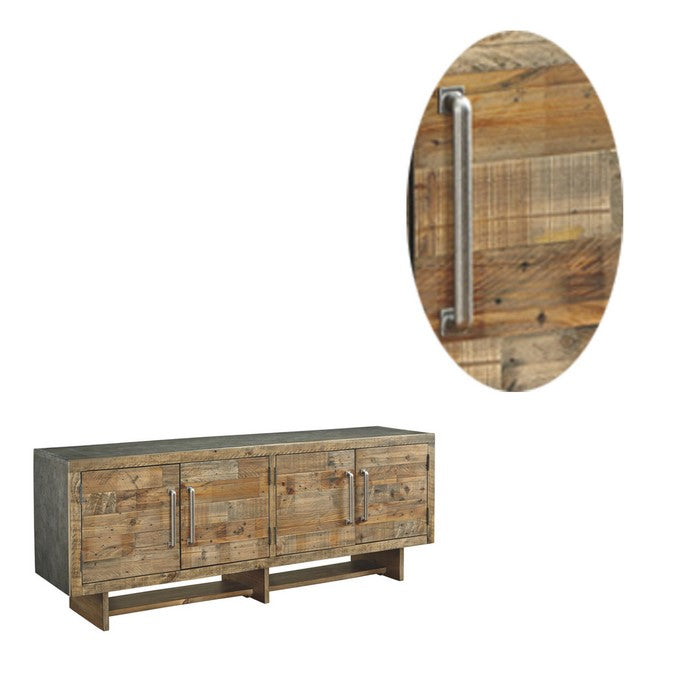 Roomy Wooden TV Stand with Faux Metal Top and Sides, Extra Large, Brown and Silver