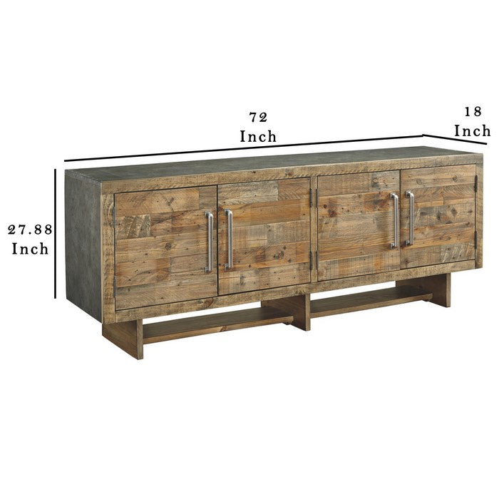 Roomy Wooden TV Stand with Faux Metal Top and Sides, Extra Large, Brown and Silver