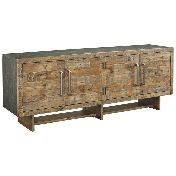 Roomy Wooden TV Stand with Faux Metal Top and Sides, Extra Large, Brown and Silver