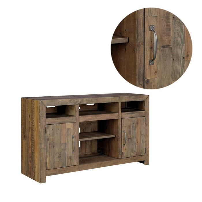 Wooden TV Stand with 5 Open Compartments and 2 Doors, Brown