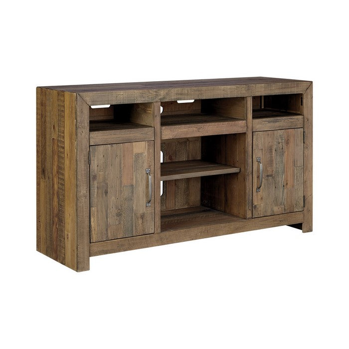 Wooden TV Stand with 5 Open Compartments and 2 Doors, Brown