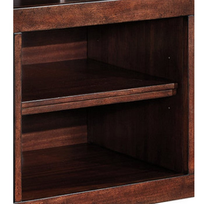 Wooden TV Stand with Two Glass Inserted Door Cabinets and Open Shelves, Brown