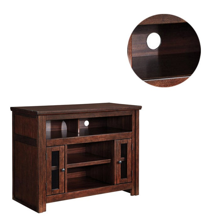 Wooden TV Stand with Two Glass Inserted Door Cabinets and Open Shelves, Brown